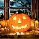 Umikk Herbstdeko Kürbis Deko mit Gesicht, Halloween Kürbis Deko mit LED Licht, Halloween Kürbis mit Gruselig Gesicht, Harz Halloween Deko Herbst Deko Kürbis Laterne Deko Figuren Licht (Stil 3)