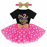 FYMNSI Baby Mädchen Kleinkind Kinder 1. / 3. Geburtstag Party Kleid Baumwolle Kurzarm Prinzessin Tüll Kleider mit Pailletten Bowknot Stirnband 2pcs Cake Smash Outfit, Schwarz + Hot Pink - My 2nd
