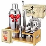 Perjoy 12pcs Cocktail Shaker mit Ständer, Rostfreie Stähle Cocktail Set Mit Doppelten Jigger, Einer Eiszange, Cocktailshaker, Cocktail Mixen, Muddler, Sieb, Cocktail Bar Zubehör (12 Stück mit Ständer)