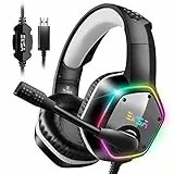 EKSA E1000 USB PC Gaming Headset mit Mikrofon, Gamer Headset mit Bass Surround Sound, RGB Beleuchtung, Gaming Kopfhörer mit Mic für PS4/PS5 Konsole/Computer/Laptop