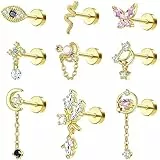 Kakonia 9-teiliges 16G Helix Piercing Set für Damen - Chirurgenstahl Schmetterling Tragus Piercing Gold Dangle Flat Ohrstecker Knorpel Helix Tragus Conch Ohrringe