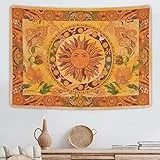 Yugarlibi Sonne Wandteppich Mandala Wandteppich Boho Vintage Blumen Wandbehang Orange Konstellation Wandbehang für Schlafzimmer Wohnzimmer Eingangshalle Hotel 150x130cm
