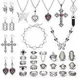 JeryWe 33 Stück Gothic Schmuck Set für Damen Herren Vintage SilberKette Ohrringe Fee Schmetterling Boho Kreuz Anhänger Herz Choker Goth Stapelbare Ringe Einstellbar Punk Grunge Y2K Schmuck