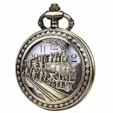 ManChDa Taschenuhr - Pocket Uhren Spezielle 3D Zug Eisenbahn Dampflokomotive Abdeckung Antike Steampunk Taschenuhr und Kette Quarz Vintage Fob Uhr für Herren Geschenk Box | Bronze Weiß