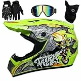 UIGJIOG Downhill Motorradhelm Kinder, Helm Set Herren ATV Motorradhelm D.O.T Zertifizierter Helm Mit Brille Handschuhe, Integralhelm MTB Inklusive 4 Größen Helmfutter,D