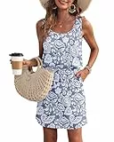 WNEEDU Sommerkleid Damen Ärmellose Strandkleid U Ausschnitt Kordelzugkleid Luftiges Kleid Sommer mit Taschen Boho Blattblumen L