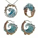 fdsmall Meer Ozean Ringe Halskette Ohrringe Set für Frauen blaue Meer Wellen Kubik Zirkonia Kristall Schmuck Set (Gold Setzen)