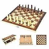 JurciCat Schach aus Holz Tragbares faltbares Schachspiel Schachbrett Holz Hochwertig 3 in 1 Chess Board Set für Familie Aktivitäten Party Erwachsene Kinder Reisen