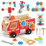Werkzeugkoffer Kinder, Spielzeug ab 2 Jahre, Kinderwerkzeug Holzspielzeug Montessori Spielzeug ab 2 3 4 Jahre, 32 Stück Feuerwehrauto Spielzeug Spiele 2jahre, Geschenk 2 Jahre Junge Mädchen