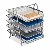 Relaxdays Dokumentenablage, Papierablage für A4 Formate, 4 Fächer, 37,5 x 30 x 35 cm, Mesh-Design, Büro-Ablage, Silber