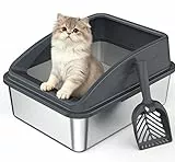 FURTIME Katzenklo Edelstahl, Katzentoilette Edelstahl 18L mit Schaufel, Katzenklo Metall mit Hochwandigem Seitengehäuse Auslaufsicher Gegen Verschüttungen für Kätzchen,Neugeborene Katze, 44x34x21cm