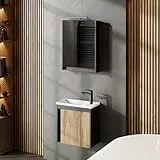 Planetmöbel Badmöbel Set 3-teilig Waschbecken mit Unterschrank 50 x 48,3 x 24,8 cm grau matt/Wotan Eiche, Spiegelschrank 50 x 65 x 11,4 cm mit LED Aufbauleuchte