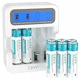 czvv Wiederaufladbare Batterien AA Lithium 1,5V - Hoher Kapazität 3500mWh - 1300 Ladezyklen - 8 Stück Akkus mit LCD-Anzeige Ladegerät, 2 Stunden Schnellladung, Geringe Selbstentladung(weiß)