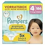 Pampers Premium Protection Größe 4, 186 Windeln, 9kg-14kg, unser Nr. 1 Haut- und Auslaufschutz