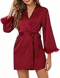 Clearlove Damen Kimono Robe Morgenmantel Satin Bademantel V-Ausschnitt Feder an den Manschetten Kimono(Weinrot,XXL)
