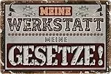 LUCKYLINDE Blechschild für WERKSTATT und GARAGE – lustiger Spruch, Werkstattregeln, Handwerker und Schrauber Deko Schild, 20x30cm (Meine Werkstatt, meine Gesetze)