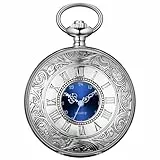 BOSHIYA Vintage Herren Taschenuhr mit Kette Einzigartiges Blau Römischen Ziffern Zifferblatt Analog Quarz Taschenuhr für Herren Silber