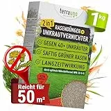 TerraUno Rasendünger mit Unkrautvernichter extra stark, 100 Tage Langzeitwirkung, 1 kg für 50 m², gegen Löwenzahn, Klee uvm., Rasenunkrautvernichter mit Dünger für saftiges Grün im Frühjahr & Sommer