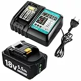 Ladegerät 18v mit Akku für BL1830B BL1840 BL1850 BL1850B BL1860 BL1860B BL1815 LXT-400,18V 5500mAh Ersatzakku mit Netzteil DC18RC 3A