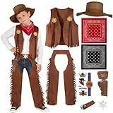 Kitimi 9Pcs Cowboy Kostüm Kinder, Western Cowboy Outfits mit Weste Hut Hose Halstuch Tattoo, Junge Western Kostüm für Halloween Karneval Cosplay Party Dress Up