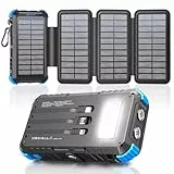 Solar Powerbank 26800mAh mit 4 Solarpanel, Powerbank USB C 15W Schnellladung 5 Ausgänge mit 3 Kabeln, Wasserdicht Outdoor Externer Akku mit Karabiner & Taschenlampen für Camping, Phones, Tablets