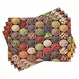 ABAKUHAUS Retro Platzmatten 8 Stück, Bunte Kräuter und Gewürze Kardamom Pfeffer Chili Ingwer Dill natürliche Küche Print, Waschbare Stoff Esszimmer Küche Tischdekorations, Rost Mehrfarbig