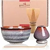 Goodwei Matcha Set mit Matcha Schale und Besenhalter aus Keramik, Matchabesen und Bambuslöffel | Geschenkset für Einsteiger (Uji)