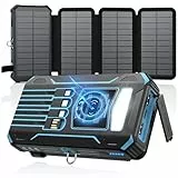 SOARAISE Wireless Solar Powerbank 27000mAh - Tragbare Solar Ladegerät mit 4 Kabel und 4 Solarpanels - 15W Schnellladung Externer Akku Power Bank mit LED Taschenlampe für Outdoor Camping (Blau)