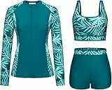 Kate Kasin Damen Schwimmanzug 3-teilig Langarm Jacke Gepolsterte Tops Slip Blumendruck Strand Blaugrün-grünes Blatt XXL