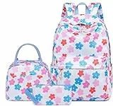 LOIDOU Rucksack für Teenager Mädchen Bookbags Kinderrucksack Kinder Schulrucksack mit Lunchpaket Federmäppchen Schulranzen Set für Schule (Blau-Blumen 160)