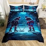 Homewish Eishockey Bettwäsche Set 135x200 Sportspiele Bettbezug für Kinder Teenager Erwachsene Hockeyspieler Schnee Winter Blau Weiß Schwarz Tröster Abdeckung Warm Weich Bett Set