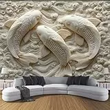 DLERFLOVR Tapete Weiß Seidentapeten Gipsweißer Karpfen Tapeten 3D-Relief Wandtapete Wanddeko Motivtapeten für Wohnzimmer Schlafzimmer Kinderzimmer 300x210cm