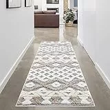 carpet city Teppich-Läufer Hochflor Flur - 80x300 cm - Scandi-Look Ethno Creme Grau - Cut-Loop, Hochtief, 3D-Effekt - Shaggy Teppiche Flauschig-Weich Schlafzimmer Langflor Bettvorleger