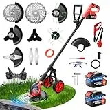 Akku Rasentrimmer 12 Zoll, 20.000 U/min Bürstenlosmotor, 4-in-1 Multifunktions Rasenkantenschneider, 2×3.0Ah Akku, 4 Klingentypen, Rasenmäher mit Rädern für Garden und Rasen