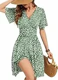 WNEEDU Sommerkleider Damen Elegant Kleid Rüschenärmel V-Ausschnitt Empire Taille Leichte Sommerkleider Luftige Strandkleider Damen mit Taschen