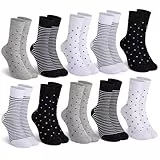 Mowenti socken damen 35-38 sportsocken strümpfe socks Damensocken bunte schwarz Streifen Punkte baumwollsocken 10 Paar 2x Weiß 2x Schwarz 1xGrau