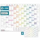 Häfft® XXL Wandkalender 2026 groß A1 + quer (89 x 63 cm), gefalzt, 15 Monate: Nov 2025 - Jan 2027 inkl. A4-Jahresplaner, Wandplaner 'Rainbow' - nachhaltig & klimafreundlich