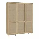 Forte CALASETTA Schrank 165, Kleiderschrank im Boho Stil mit 3 Türen, Kleiderstange, Einlegeböden, Holzwerkstoff, Elegancia Eiche Holzdekor/Technorattan, 165 cm breit x 208 cm hoch x 52 cm tief