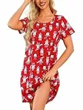 ENJOYNIGHT Damen Nachthemd Baumwolle Kurzarm Schlafhemd T-Shirt Schlafshirt Sommer Nachtwäsche für Lounge (Large,Roter Pinguin)