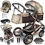 KIDUKU® 3 in 1 Kinderwagen XXL Komplettset | Kombikinderwagen Set inkl. Babywanne Buggy Sportsitz & Auto-Babyschale Fußsack | Vollgummireifen Wickeltasche Handwärmer Regenschutz Kindertisch ECE R129