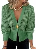 Cicy Bell Damen-Strickjacke, gehäkelt, mit Aussparungen, Knopfleiste, Laternenärmel, lässig, Netzstoff, lockere Passform, Grün , Groß