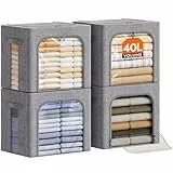 Lifewit 40L Aufbewahrungsbox mit Deckel, Kleidung Aufbewahrung, Faltbare Kleideraufbewahrung mit Metallrahmen, Stoffbox mit Griffen & Fenster, Aufbewahrung Kleiderschrank, 4er Set, Hellgrau