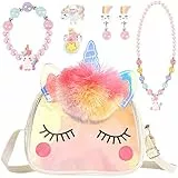 OSDUE Einhorn Handtaschen, Schmuckset für Mädchen, Unicorn Kette Halskette Armband Ring Schmuckset, für Party Dress Up Geschenk(Weiss)