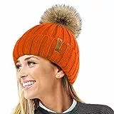 TOSKATOK® Womens Winter-Rib Strickmütze/Beanie mit abnehmbaren Chunky Faux Fur Bobble Pom Pom-ORANGE