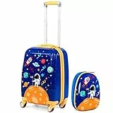 GOPLUS Kinderkoffer mit Rucksack, Kids Trolley, Kindergepäck mit Rollen, Reisekoffer mit Teleskopgriff, Hartschalenkoffer für Kinder, Kindertrolley Farbwahl (Astronauten, 12'+18')