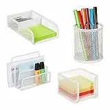 Relaxdays Schreibtisch Organizer Set, 4-tlg., Metall, Dokumentenhalter, Zettelbox, Büroklammer- & Stiftehalter, weiß