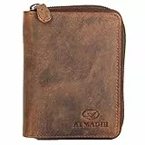 ALMADIH Leder Portemonnaie RFID Schutz Hochformat mit Reißverschluss 13 Kartenfächer Rindsleder Geschenkbox (P1HRV BV) Geldbörse Geldbeutel Brieftasche Börse Herren Damen unisex braun (P1H-RV Vintage)