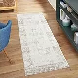 carpet city Teppich Läufer Flur - Creme - 80x300 cm - Klassisch Modern - Vintage, Bordüre - Teppiche Kurzflor Schlafzimmer, Wohnzimmer