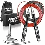 PrimaFIT Springseil Erwachsene Fitness Pro Speed Jump Rope 3m Seilspringen Verstellbar Mit Gewichten, 2 Kugellager & Anti-Rutsch Griffe, Profi Skipping Für Boxen, MMA, Crossfit, Extra Stahlseil,Tasche