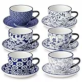 vancasso Cappuccino Tassen mit Untertassen 6er Set, SELENE 240ml Kaffeetassen aus Hochwertiges Porzellan, Spülmaschinen- und Mikrowellengeeignet, Vintage blau-weiß